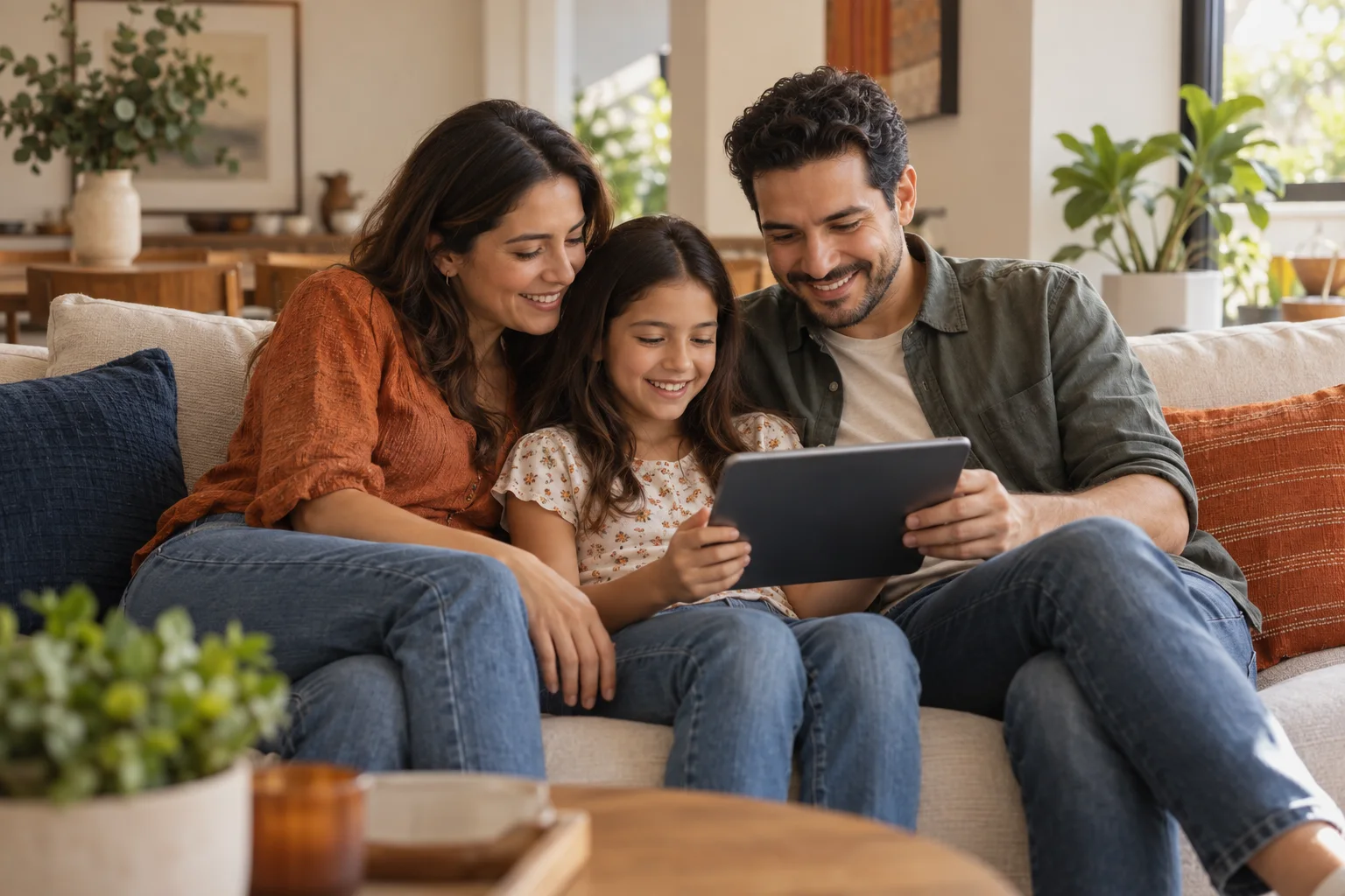 Una familia comparte un momento en casa usando una tableta